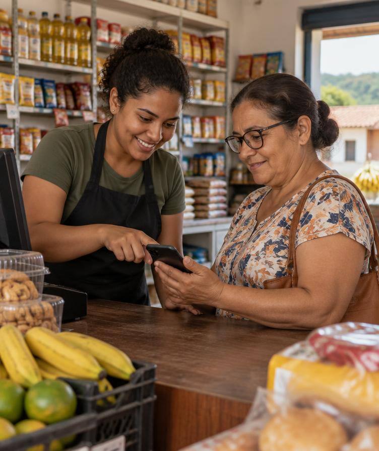 Atendente da Brasil Conectado fazendo o cadastro de uma cliente dentro de um mercado de bairro